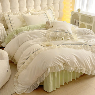 2025 new style washable cotton fufu pleated lace bed skirt four-piece set with lace soft and comfortable solid color all-match