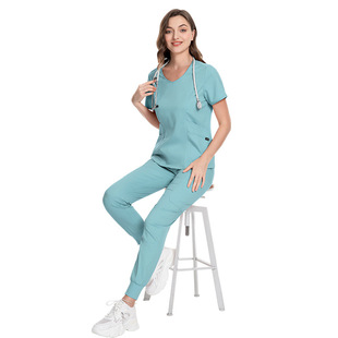 Wholesale Surgical Gown Set Beauty Clinic Doctor Work Clothes Short Sleeve V-Neck Nurses Women Threaded Lace-Up Pants