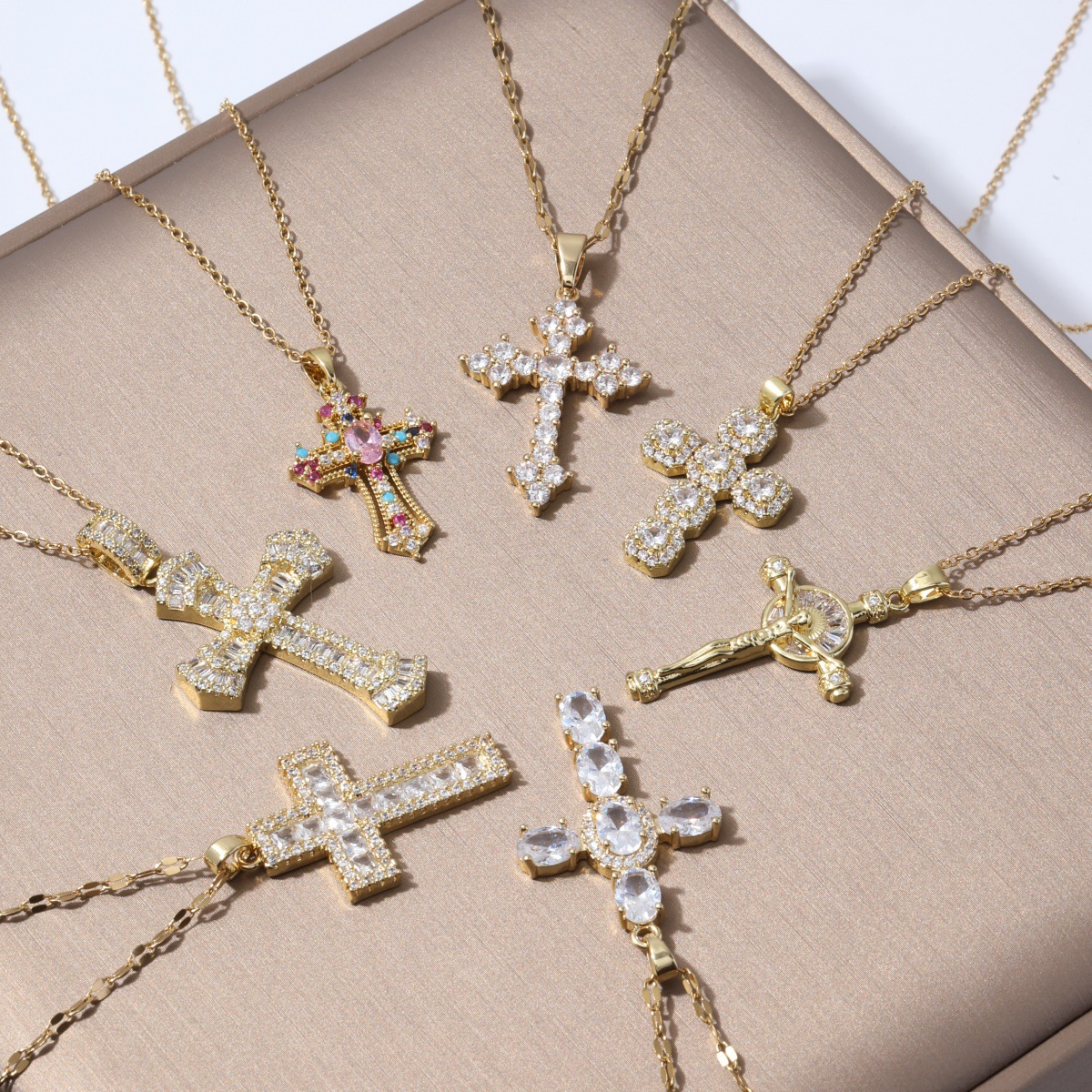 Necklace for Women, European and American Style Cross Necklace, Titanium Steel, Non-Fading, Colorful Zircon, Cross-Border Niche Design Clavicle Chain