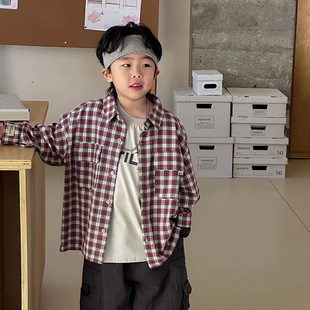 Children's Red Plaid Shirt 2025 Spring New Boys' Fashion Lapel Shirt Children's Korean Casual Spring Clothes