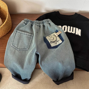 Children's Jeans 2024 Winter One-piece Velvet Smiley fleece-lined for Boys and Girls Harlan Casual Pants Baby Thickened Pants Handsome