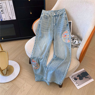 Design Sense New Chinese Jeans Women's Pear-Shaped Wide-Leg Pants Embroidered Straight Loose Guofeng Pants