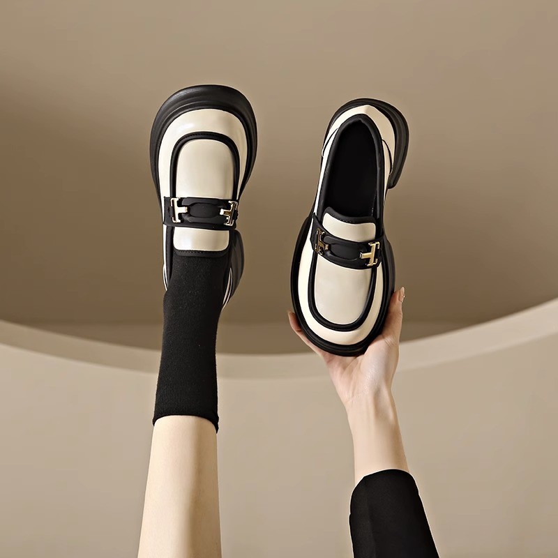 Qi Le 2024 New Spring and Summer Thick Heel Fashion Round Head Slip-on Petite All-match Casual Loafers Leather Shoes Women