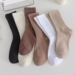 Socks Women's Autumn and Winter Vertical Stripes Solid Color Mid-length Socks Ins Fashionable Socks All-match Stacked Socks Student Sports Stockings