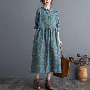 Real shot 2022 Autumn New retro artistic cotton linen loose plus size floral long dress women