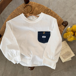 in stock children's T-shirt 2025 spring new men's and women's children's clothing striped letter base shirt baby contrast pocket T-shirt