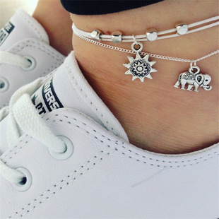 European and American cross-border new anklet simple fashion anklet vintage sunflower elephant double-layer anklet for women