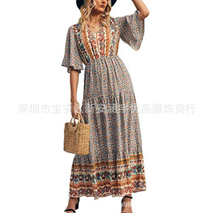 wish Amazon New Foreign Trade Women's Clothing Bohemian Cotton Printed Dress with Loosening Waist Large Swing Long Dress for Women