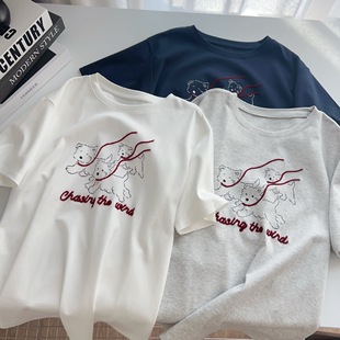 Embroidered Letters Three Puppies Round Neck Short-sleeved T-shirt Women's Summer Loose Slimming Age-reducing Inner Base Shirt Top