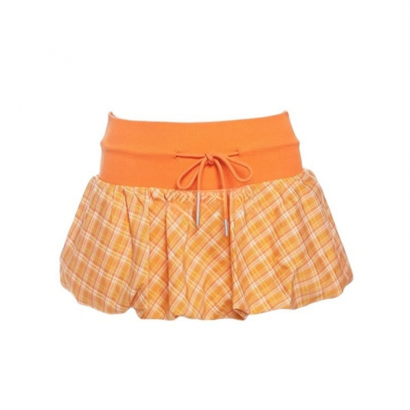 Korean Niche Orange Plaid Floral Half-Skirt for Women, Plus Size, Summer New Style, Elastic Drawstring Puffy Short Skirt