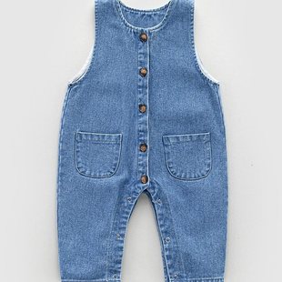 Baby's Soft Denim Strap Pants Spring and Autumn High Waist Boys and Girls Outer Wear Pants with Snap Button Baby's Strap Pants