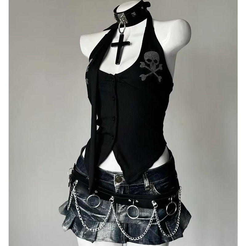 Millennial Hot Girl Y2K Skull Halter Top Summer Tie-Back Gothic Hot Girl Backless Top