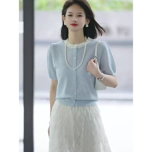 Blue lace thin short sleeve sweater women's 2025 new summer super beautiful unique beautiful short top
