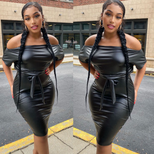 European and American autumn and winter women's clothing Amazon explosions fashion diagonal collar bat wing PU leather short sleeve hip dress spot