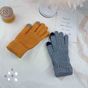 Knitted gloves women's winter men's cycling driving fleece-lined thickened full-finger wool solid color warm five-finger manufacturers wholesale