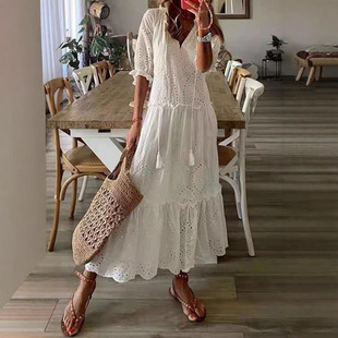 2025 Cross-border New AliExpress Amazon Printed Short-sleeved dress Lace Irregular Women's Long Dress in stock