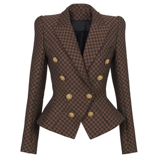 Light luxury women's wear BA er slow New pointed lapel printed shoulder pad double breasted women's waist tight suit jacket