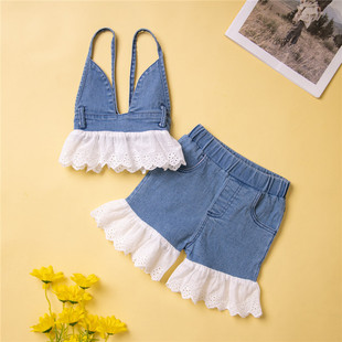 European and American children's clothing girls summer denim suit new small and medium-sized children's clothing fashionable western style sling two-piece wholesale