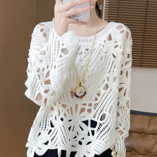 2024 Early Autumn Wool Sweater Hollow-out Top Blouse Casual Crewneck Short Long-sleeved Pullover Crochet Loose Slimming
