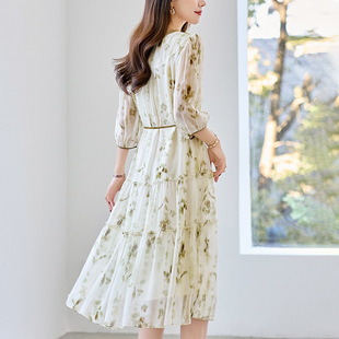 [Ink] Four Seasons Green Women's Silk Printed dress Women's Crewneck Slimming Mulberry Silk Mother Pack 82496900