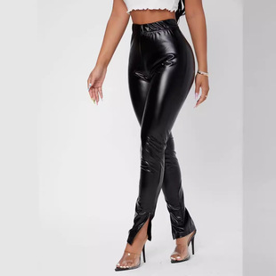 New PU Slim Fit Pants Leg Split Leather Pants Design Women's High Waist Elasticated Casual European and American Women's Leggings Trousers