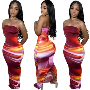 BN282 Cross-border Wholesale Foreign Trade Women's Summer Sexy Strapless Tube Top Positioning Printed Split Dress