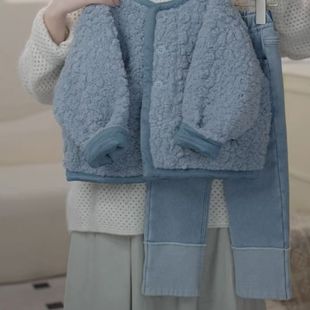 Girls' Winter Wear suit 2024 New Children's Wear Korean Style Woolen Sweater fleece-lined Jeans Three-Piece Set