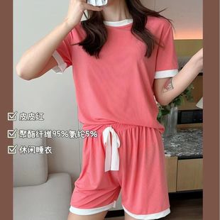 2023 Summer New Color Contrast Ice Cream Candy Set Ice Silk Pajamas Women's Home Clothes Short Sleeve Shorts Two-piece Set