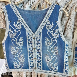 Heavy Industry Crochet Embroidered Denim Vest New Autumn Design Sweet Age-reducing Waistcoat Retro Jacket Top