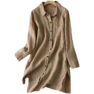 Spring 2022 New Large Size Women's Cotton and Linen Shirt Solid Color Jacket Long Linen Long Sleeve Top for Foreign Trade