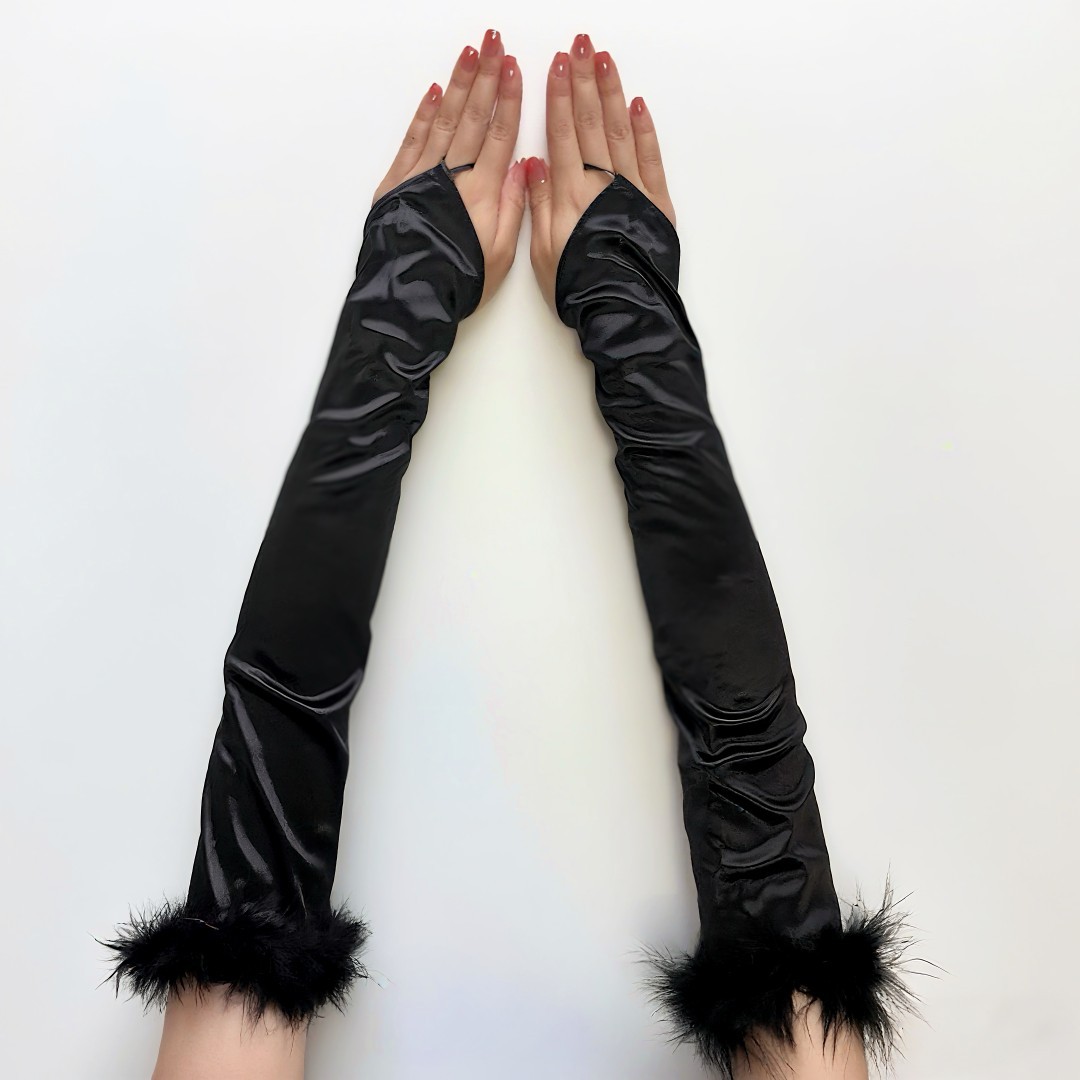 Halloween Makeup Party Elastic Elbow Fingerless Gloves Long Satin Opera Stage Gloves Cuff Feather Gloves