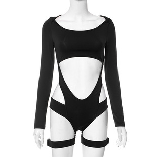European and American style sexy hot girl personality hollow design zipper high collar long sleeve jumpsuit for women