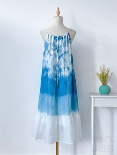 Dali Handmade Tie-Dye Ethnic Style dress Summer Casual Holiday Blue Dye Loose Double-Layer Sling Beach Dress