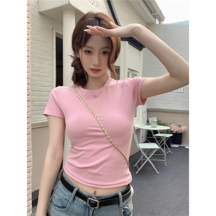Hot Girls Grey Shoulder Short-sleeved T-shirt Women's Summer 2024 New Style Elegant Slim-fit Slimming Solid Color Short Top