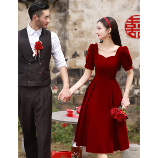 Bridal toast dress 2023 Summer new small wine red back-to-door wedding velvet simple long sleeve wedding dress