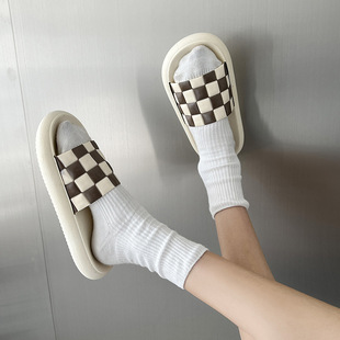Black and White Chessboard Plaid Slippers Summer Men's and Women's Fashionable ins Stomp Feeling Thick Bottom Beach Slippers for Couple Wear