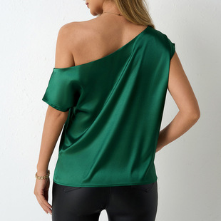 Real Shot of European and American Clothing 2025 Spring and Summer Satin Shirt, Imitation Silk Asymmetrical Slanted Shoulder One-Line Collar Top
