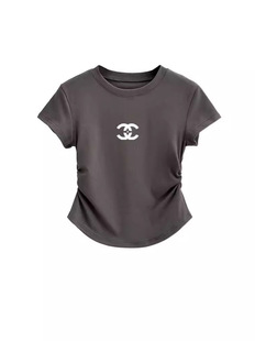Big-name Letter Same Style Shoulder T-shirt Short-sleeved Women's Pure Cotton Summer New Round Neck Pleated Waist Curved Hem Top