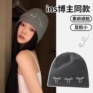Korean Ins Blogger's Same Style Bow Knitted Woolen Hat Winter Large Head Circumference Warm Versatile Ear Protection Cold Hat for Women