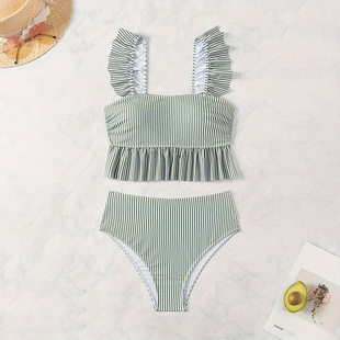 2024 New Amazon European and American Flying Edge Striped Bikini Split Swimsuit Women's Beach Bikini Spa Swimsuit