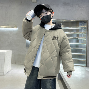 25 Autumn and Winter Middle and Large Children's Letter Cotton-padded Coat Thickened Button Cardigan Top Children's Loose Casual Hooded Warm Cotton-padded Coat