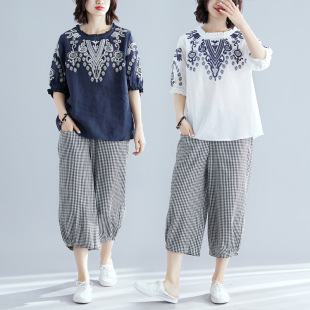 chubby girl Stylish suit Two-Piece Summer plus size Women's Fashionable Slimming Embroidered Cotton and Linen Top Plaid Hallen Pants