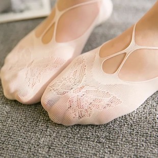 Women's bowknot socks thin cross fishnet boat Socks fashionable all-match women's boat Socks hollow-out socks lace heel-free