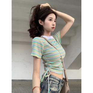 Summer New Hollow Butterfly Embroidered Striped Short T-shirt Women's Niche Design Sweet Spice Girl Strap Short Sleeve Top