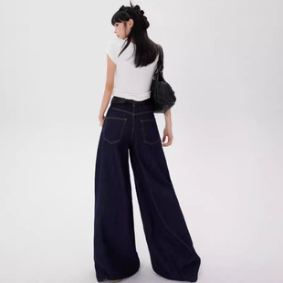 dark blue American Loose Wide Leg Jeans Women's 2025 Spring and Autumn New Style Dipped Lazy Casual Straight Pants
