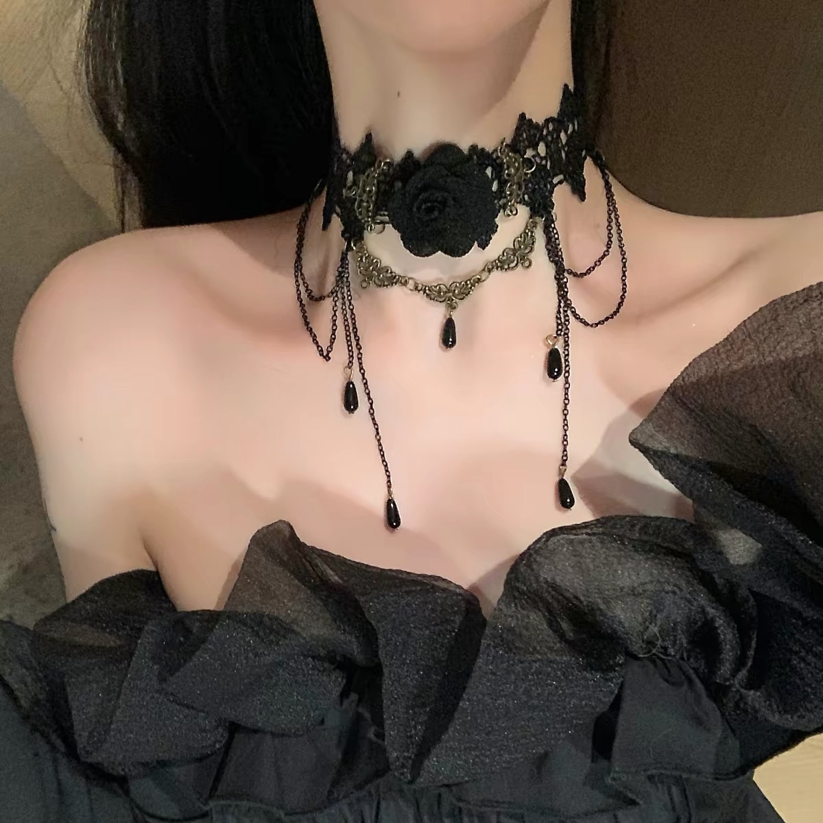 Black Lace Neck Accessories Decorative Necklace Women's Collar Tassel Pendant Rose Neck Strap Choker Diablo