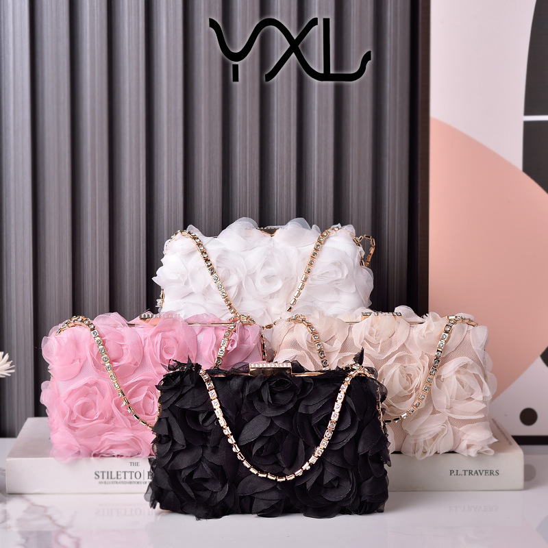 Selected cross-border factory direct sales chiffon colorful floral evening bags, champagne-colored women's cheongsam bags, party bags