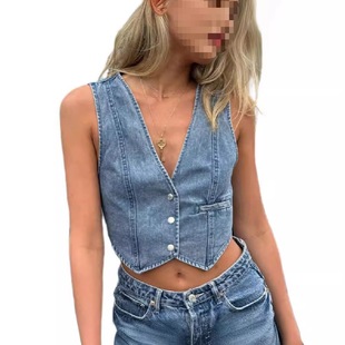 Amazon AliExpress European and American Foreign Trade Cross-border Fashion Casual Denim Vest Women's Small Vest light blue Cotton