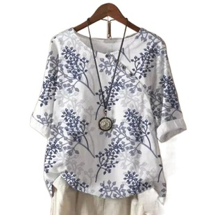 in stock real shot 2024wish AliExpress explosions women's printing retro cotton and linen short sleeve T-shirt women