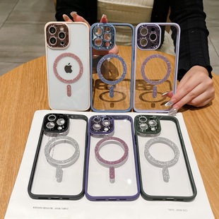 Apple phone case 15 glitter magnetic lens film 13 applicable iphone14 transparent all-inclusive acrylic phone case